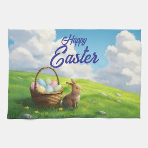 Peaceful Easter Spring Meadow Bunny & Egg Basket Tea Towel