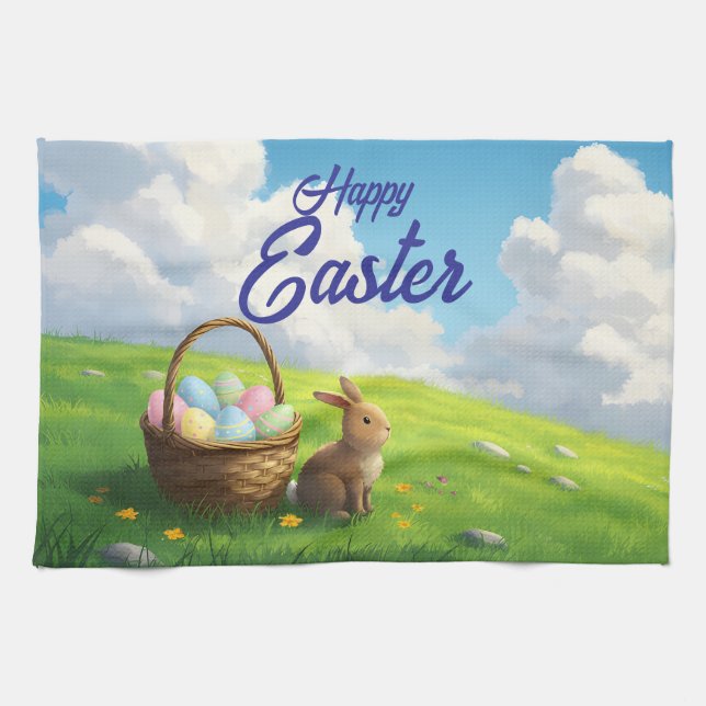 Peaceful Easter Spring Meadow Bunny & Egg Basket Tea Towel (Horizontal)