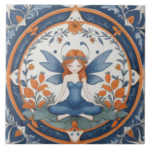Peaceful Fairy Flower Garden Blue & Orange Floral Ceramic Tile
