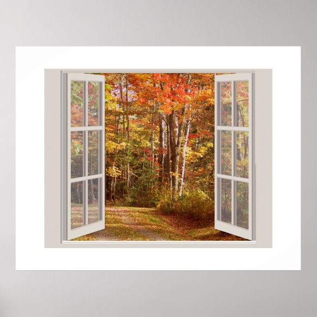 Peaceful fall scene viewed through an open window poster (Front)