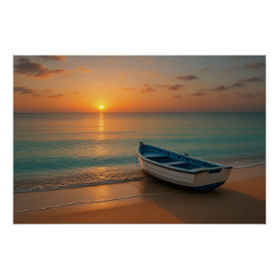 Peaceful Golden Sunset with Boat on Beach Poster