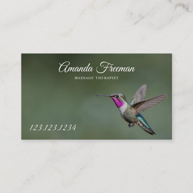 Peaceful Green Hummingbird Massage Therapy Business Card (Front)