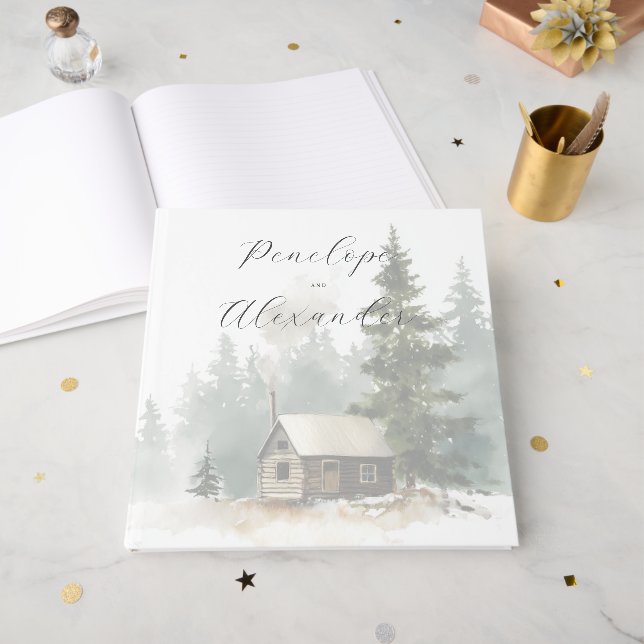 Peaceful Green Watercolor Cabin Scene Guest Book (Front Open)