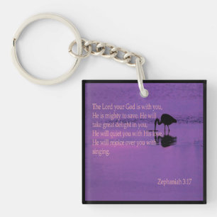 peaceful heron with Zephaniah 3:17 key fob