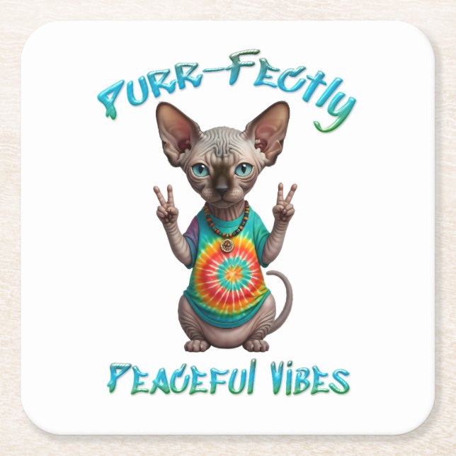 Peaceful Hippie Boho Kitten Vibes  Square Paper Coaster (Front)