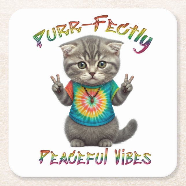 Peaceful Hippie Boho Kitten Vibes  Square Paper Coaster (Front)