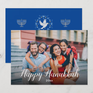 Peaceful Joyous Happy Hanukkah Blue Modern Photo Holiday Card