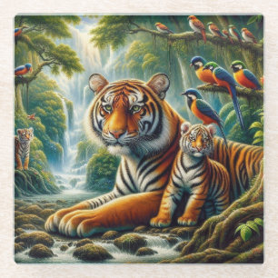 Peaceful Jungle Scene with Tigers Painting Glass Coaster