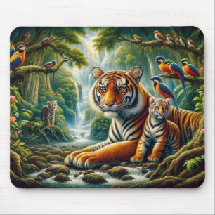 Peaceful Jungle Scene with Tigers Painting Mouse Pad