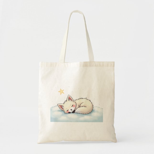 Peaceful Kawaii Arctic Fox Starry Night Winter Tote Bag (Front)