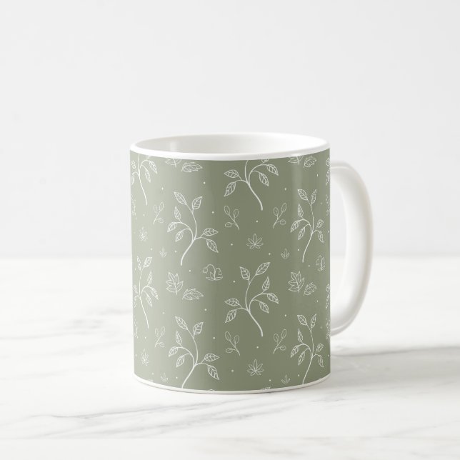 Peaceful Kitchen Olive Green Floral Pattern Coffee Mug (Front Right)