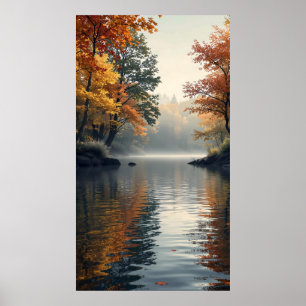 peaceful lake surrounded by autumn trees poster