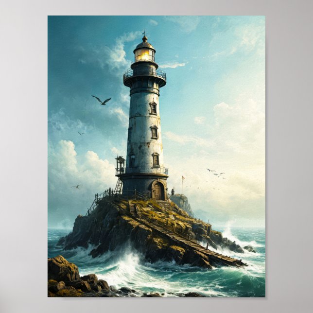 Peaceful lighthouse with seagull in northern sea poster (Front)