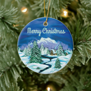Peaceful Log Cabin Ceramic Ornament