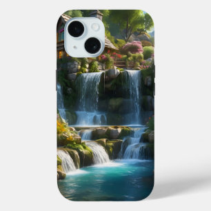 Peaceful mountain cabin waterfalls flowers iPhone 15 case