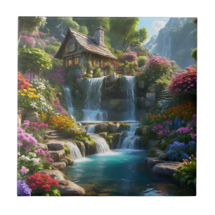 Peaceful mountain cabin waterfalls flowers ceramic tile