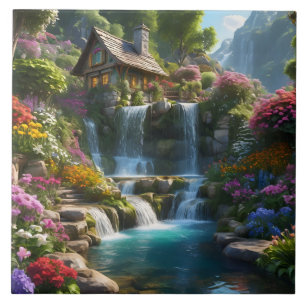 Peaceful mountain cabin waterfalls flowers ceramic tile