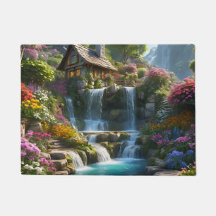 Peaceful mountain cabin waterfalls flowers doormat