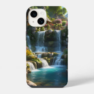 Peaceful mountain cabin waterfalls flowers iPhone 14 case