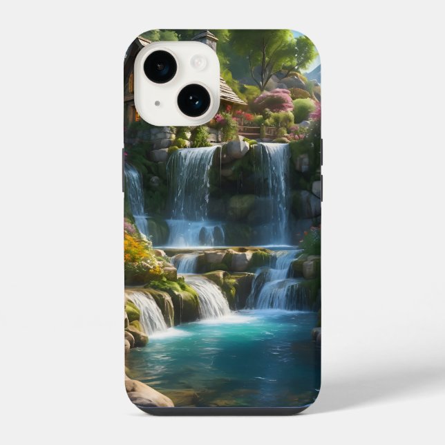Peaceful mountain cabin waterfalls flowers iPhone case (Back)