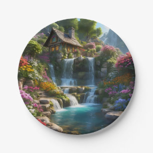 Peaceful mountain cabin waterfalls flowers paper plate