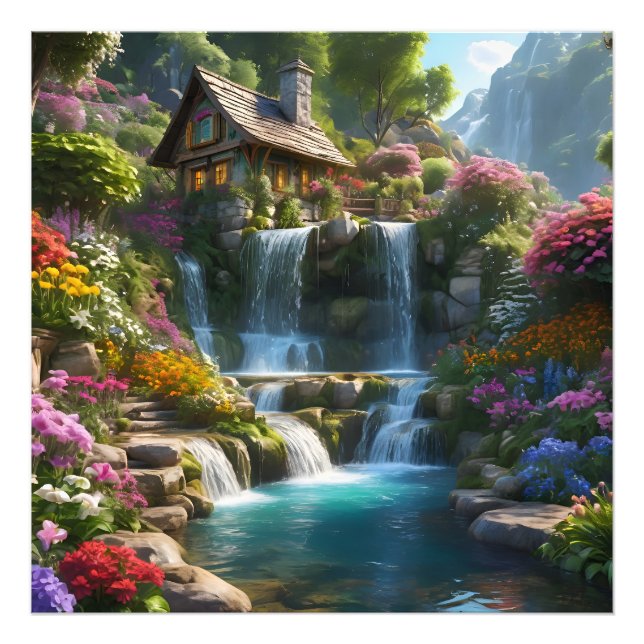 Peaceful mountain cabin waterfalls flowers photo print (Front)
