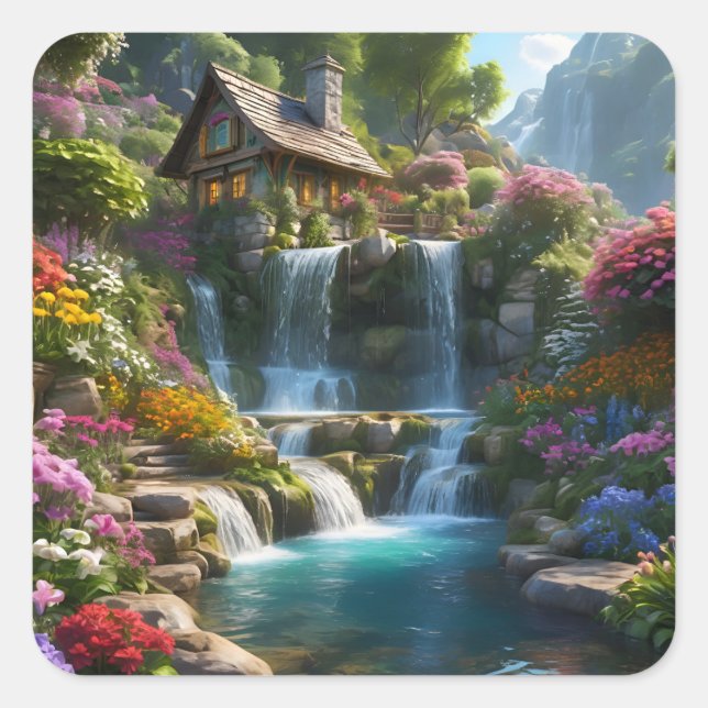 Peaceful mountain cabin waterfalls flowers square sticker (Front)
