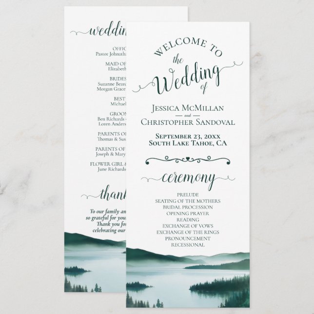 Peaceful Mountain Lake Rustic Watercolor Wedding Program (Front/Back)