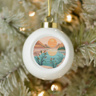 Peaceful Mountain Lake Sunset Landscape Ceramic Ball Christmas Ornament