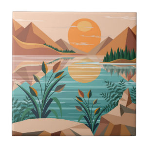 Peaceful Mountain Lake Sunset Landscape Ceramic Tile