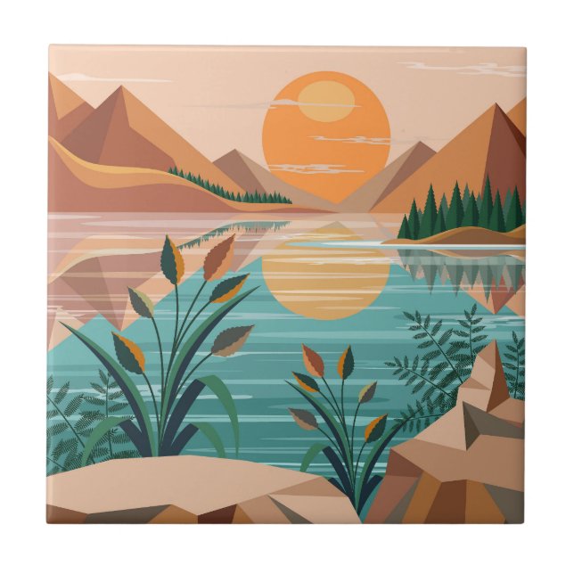 Peaceful Mountain Lake Sunset Landscape Ceramic Tile (Front)