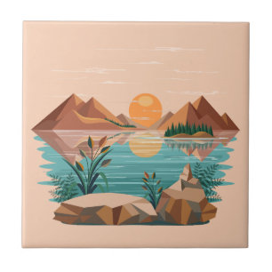 Peaceful Mountain Lake Sunset Landscape Ceramic Tile