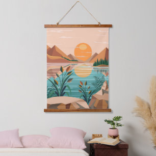 Peaceful Mountain Lake Sunset Landscape Hanging Tapestry
