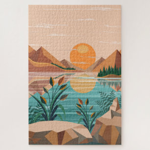 Peaceful Mountain Lake Sunset Landscape Jigsaw Puzzle