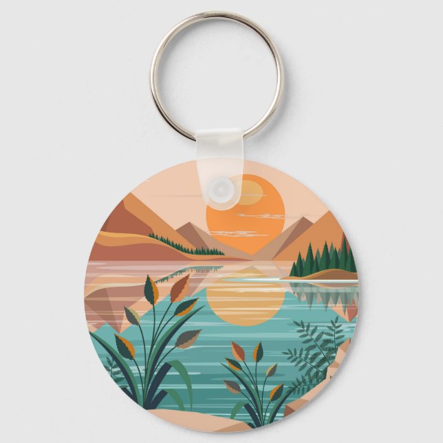 Peaceful Mountain Lake Sunset Landscape Key Ring (Front)