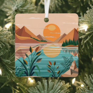 Peaceful Mountain Lake Sunset Landscape Metal Tree Decoration