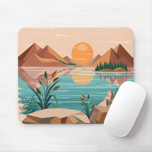 Peaceful Mountain Lake Sunset Landscape Mouse Pad (With Mouse)