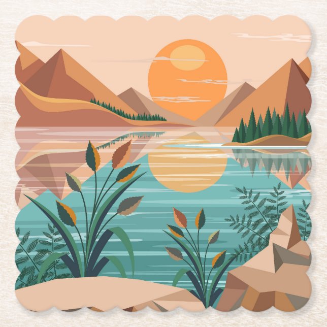 Peaceful Mountain Lake Sunset Landscape Paper Coaster (Front)