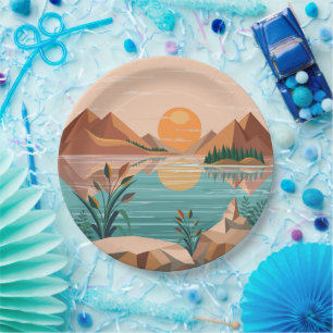 Peaceful Mountain Lake Sunset Landscape Paper Plate