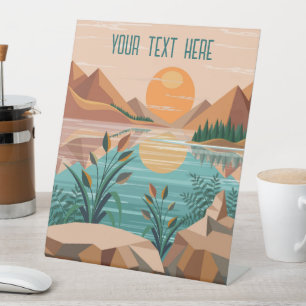 Peaceful Mountain Lake Sunset Landscape Pedestal Sign