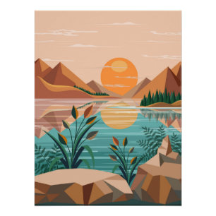 Peaceful Mountain Lake Sunset Landscape Poster