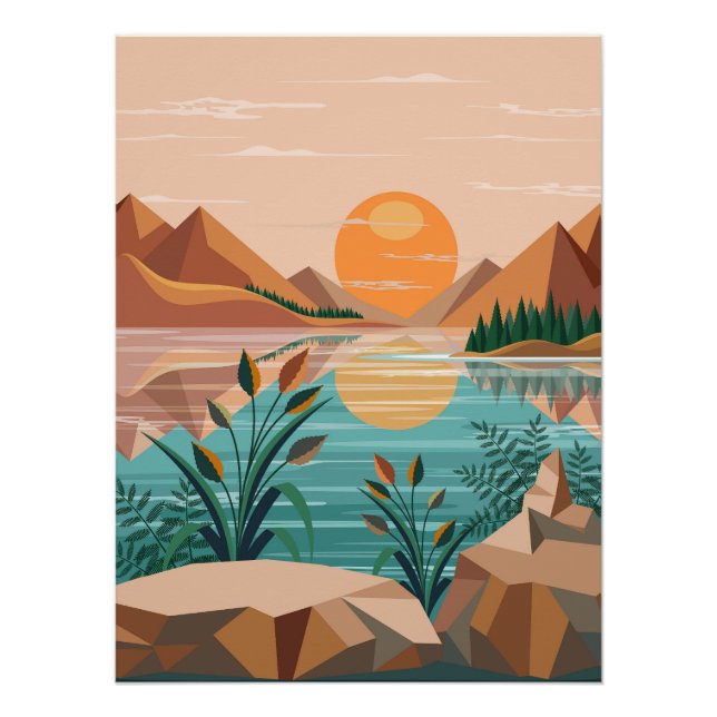 Peaceful Mountain Lake Sunset Landscape Poster (Front)
