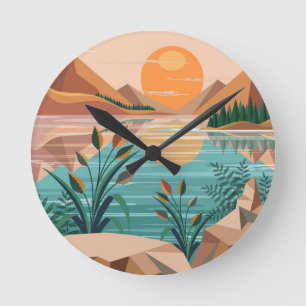 Peaceful Mountain Lake Sunset Landscape Round Clock