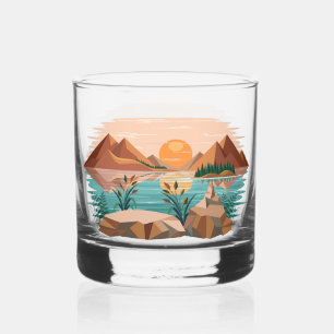 Peaceful Mountain Lake Sunset Landscape Whiskey Glass