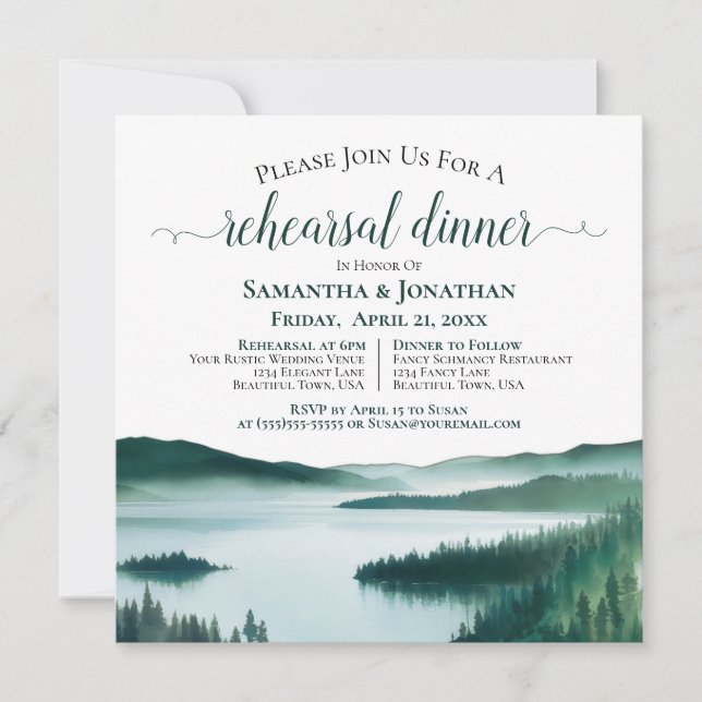 Peaceful Mountain Lake Wedding Rehearsal & Dinner Invitation (Front)