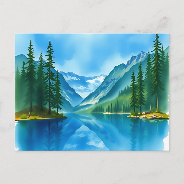 Peaceful Mountain Lake with Tall Trees Postcard (Front)