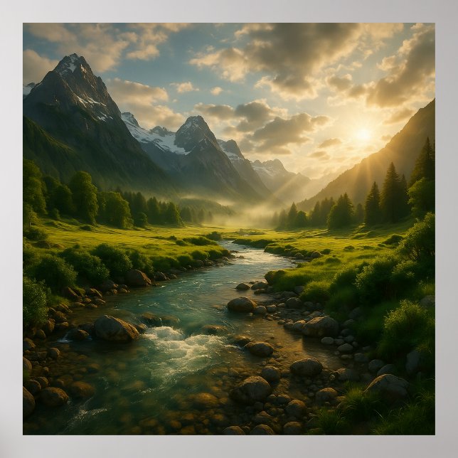 Peaceful Mountain River Landscape Nature Poster Wa (Front)