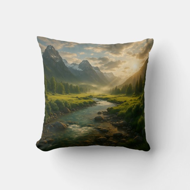 Peaceful Mountain River Landscape Throw Pillow  (Front)
