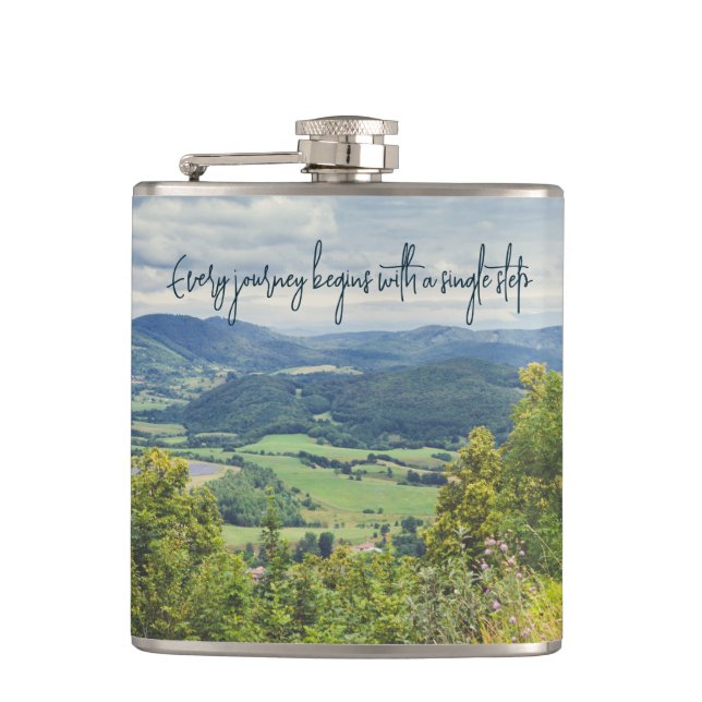 Peaceful mountain view hip flask (Front)