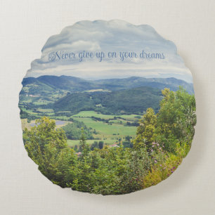 Peaceful mountain view round cushion